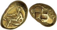 KYZICUS. Mysia. Ca.380 B.C. Electrum Stater. Dionysos reclining l. holding kantharos in outstretched hand, resting elbow on panther's head; end of thyrsos, hung with taenia, before r. knee; tunny belo