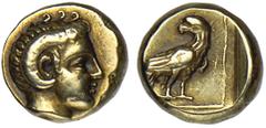 MYTILENE. Lesbos. Ca.377-326 B.C. Electrum Hekte. Head of Apollo Karneios r. wearing horn of Ammon. Rv. Eagle with closed wings standing r., head turned, in linear square within shallow incuse square.