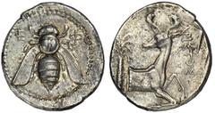EPHESOS. Ionia. 394-387 B.C. Tetradrachm. Bee with curved wings, E-Φ flanking. Rv. Forepart of stag kneeling r., head turned, palm tree behind, APIΣTOΣ (magistrate's name) before. 14.85 grams. SNG Cop