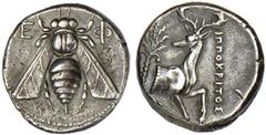 EPHESOS. Ionia. Ca.387-295 B.C. Tetradrachm. Bee with straight wings, E-Φ flanking. Rv. Forepart of stag kneeling r., head turned, palm tree behind, IΠ ΠOKPITOΣ to r. 14.97 grams. BMC 47. Dark tone. N