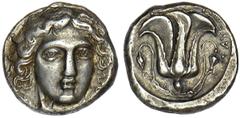 RHODES. Ca.408/7-404 B.C. Reverse signed by Tauro-. Tetradrachm. Head of Helios facing slightly to r. Rv. Rose with buds l. and r., TAYPO to upper r. 15.05 grams. Bérend Tétradrachmes 21 (this coin), 