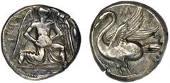 MALLOS. Cilicia. Ca.425-375 B.C. Stater. Winged young male deity with scroll headdress running r. carrying sun disk, Aramaic legend to l. Rv. Winged swan standing l., MAΛP above, traces of locust symb