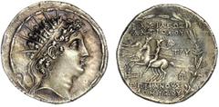 KINGS OF SYRIA. Antiochos VI Dionysos, 144-142 B.C. Tetradrachm, year 168 (Summer-October 144 B.C.). Antioch. Radiate and diademed child's bust r., fillet border. Rv. Dioskouroi riding l. holding couc