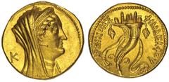 EGYPT. Cleopatra III, wife of Ptolemy VIII, 145-116 B.C. Gold Oktadrachm. Veiled head of Arsinoë II, wife of Ptolemy II (d.270 B.C.) wearing stephane, lotus tipped scepter behind, horn of Ammon below 
