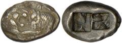 LYDIA. Time of Kroisos to Kambyses, ca.560-525 B.C. ½ Stater. Foreparts of lion and bull facing each other. Rv. Two incuse squares, one slightly larger. 5.36 grams. SNG Dewing 2428. Dark tone. About V