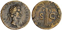 FISCUS JUDAICUS. Nerva, 96-98 A.D. Sestertius, 97 A.D. Rome. Laureate head r., [IMP. NE]RVA CAES. AVG. [P.]M. TR.P. COS.III P.P. Rv. Palm tree, FISCI IVD[AICI C]ALVMNIA SVBLATA S.C. RIC 82, Hendin 797