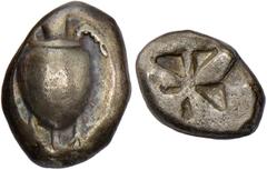AIGINA. Ca.525/0-500 B.C. Stater. Sea turtle with thin collar. Rv. "Union Jack" incuse pattern. 12.01 grams. SNG Cop.503. Flan elongated vertically, favoring the type. Medium gray, lightly iridescent.
