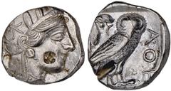 ATHENS. Attica. Ca.420-early 4th Century B.C. Tetradrachm. Helmeted head of Athena r., archaic eye. Rv. Owl, tail as single prong, in shallow incuse square. 17.2 grams. Cf. SNG Dewing 1616. Deep count
