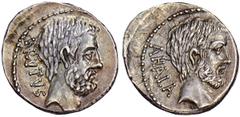 M. Junius Brutus, as Moneyer. Denarius, 54 B.C. Bare head of L. Junius Brutus r., BRVTVS behind. Rv. Bare head of Caius Servilius Ahala, AHALA to l. Craw.433/2. Pleasing dark tone. Outstanding pair of