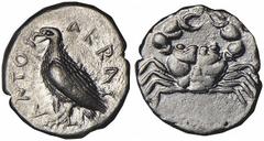 AKRAGAS. Ca.510-500 B.C.Didrachm. Eagle standing l., closed wings; AKRAC-ANTOΣ. Rv. Crab. 8.33 grams. SNG Cop.23, Jameson 501, cf. SNG ANS 907, cf. Jenkins Gela pl.37.2. Broad flan. Choice Very Fine. 