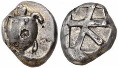 AIGINA. Ca.480-457 B.C.Stater. Sea-turtle, shell with a row of pellets across the top and down the middle. Rv. Large square incuse divided by heavy lines into skew pattern. 12.23 grams. SNG Dewing 167