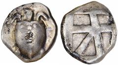 AIGINA. Ca.480-457 B.C.Stater. Sea-turtle, shell with a row of pellets across the top and down the middle. Rv. Large square incuse divided by heavy lines into skew pattern. 12.30 grams. SNG Dewing 167