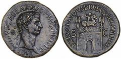 Nero Claudius Drusus.Posthumous Commemorative Sestertius. Struck under Claudius, 50-54 A.D. Laureate Claudius head r.; TI.CLAVDIVS.CAESAR.AVG.P.M TRP IMP.PP Rv. Triumphal arch surmounted by an equestr