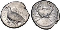 AKRAGAS. Ca.470-460 B.C. Tetradrachm. Eagle with closed wings standing l., AKRAC-ANTOΣ (retrograde). Rv. Crab in shallow circular incuse. 17.20 grams. SNG ANS 976. Broad flan. Choice Very Fine and lus