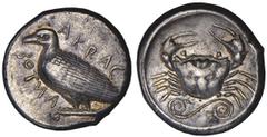 AKRAGAS. Ca. 465/4-446 B.C. Tetradrachm. Eagle standing l. on an Ionic capital; AkRAC-ANTOΣ (the last five letters retrograde). Rv. Crab, volute below. SNG Lockett 696, SNG Cop 43. 17.38 grams. A Rare
