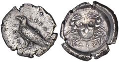 AKRAGAS. Ca. 465/4-446 B.C. Didrachm. Sea eagle standing l.; AKRAC-ANTOΣ (the last five letters retrograde). Rv. Crab, EXA (retrograde) below. On a few Fifth Century Didrachm of Akragas, the letters, 