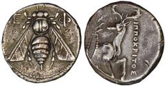 EPHESOS. Ionia. Ca.387-295 B.C. Tetradrachm. Bee with straight wings, E-Φ flanking. Rv. Forepart of stag kneeling r., head turned, palm tree behind, IΠ ΠOKPITOΣ to r. 14.97 grams. BMC 47. Dark tone. N