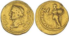 Galba, 68-69 A.D. Aureus, 68 A.D. Tarraco. Laureate head l., slight drapery; IMP GALBA. Rv. Draped figure of Hispania standing l., holding corn-ears, shield and two spears; HISPANIA. 7.42 grams. Cal.4