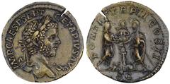 Geta, as Augustus, 209-211 A.D. Orichalcum Sestertius, 210 A.D. Rome. Laureate bust r. with drapery before; IMP CAES P SEPT GETA PIVS AVG. Rv. The fractious brothers Caracalla and Geta, both veiled an