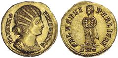 Fausta second wife of Constantine I (Augusta 324-326). Solidus. Ticinum, elevation to Augusta, 324. FLAV MAX FAVSTA AVG. Draped bust r. Rv. SALVS REI PVBLICAE. Fausta as Salus, draped and veiled, stan