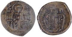 Isaac type Aspron Trachy. Constantinople, 1204-1261. The Theotokos on throne with back, nimbate, wearing maphorium over chiton, cruciform pellets on forehead and shoulder; holding beardless, nimbate h