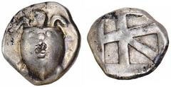 AIGINA. Ca.480-457 B.C. Stater. Large sea-turtle, shell with a row of pellets across the top and down the middle. Rv. Large square incuse divided by heavy lines into skew pattern. 12.30 grams. SNG Dew