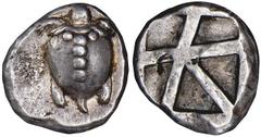 AIGINA. Ca. 480-457 B.C. Stater. T-back sea turtle. Rv. Large incuse square with skew pattern. 12.23 grams. Dewing 1674, SNG Cop 507. Bold turtle on a broad flan. Good Very Fine. (2,500-3,000)