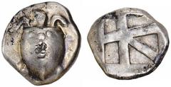 AIGINA. Ca.480-457 B.C. Stater. Large sea-turtle, shell with a row of pellets across the top and down the middle. Rv. Large square incuse divided by heavy lines into skew pattern. 12.30 grams. SNG Dew