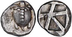 AIGINA. Islands off Attica. Ca. 480-457 B.C. Stater. T-back sea turtle. Rv. Large incuse square with skew pattern. 12.23 grams. Dewing 1674, SNG Cop 507. Bold turtle on a broad flan. Good Very Fine. (