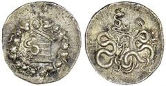 PERGAMON. Mysia. Ca. 166-67 B.C. AR Cistophoric Tetradrachm. Ca. 104-98 B.C. Serpent crawling from within cista mystica with open lid; all within ivy wreath. Rv. Bow-case between two entwined serpents