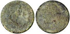 Agrippina, Sr., wife of Germanicus, mother of Caligula. Sestertius, posthumous, struck under Caligula. Draped bust r., hair in fancy braids; AGRIPPINA.M.F.MAT C. CAESARIS.AVGVSTI. Rv. Ornamented carpe