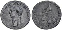 Nero Claudius Drusus. Æ Posthumous Sestertius, A.D. 41-42, struck by his son Claudius. Rome. Bare head l., NERO CLAVDIVS DRVSVS GERMANICVS [IMP]. Rv. Claudius, bare-headed and togate, seated l. on cur
