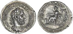Macrinus, A.D. 217-218. AR Denarius. Rome. Laureate, draped and cuirassed bust of Macrinus right. Rv. Annona seated left, holding grain ears and cornucopiae; at her feet, modius filled with grain ears