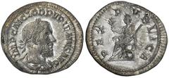 Pupienus, A.D. 238. AR Denarius. Rome. Laureate, draped and cuirassed bust of Pupienus right. Rv. Pax seated left, holding branch and scepter. 3.11 grams. RIC 4. BMC 46. RSC 22. Good Very Fine. (400-5