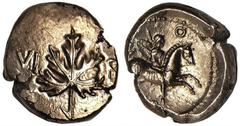 CELTIC BRITAIN. Atrebates and Regni. Verica, ca. A.D. 10-40. AV Stater. Vine-leaf type. Vine leaf. Rv. Statue of an equestrian warrior on box-shaped pedestal (off flan) right, holding spear and shield