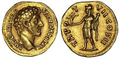 Marcus Aurelius, as Caesar, A.D. 138-161. AV Quinarius. Rome, A.D. 152-153. Bare head of Marcus Aurelius right. Rv. Roma standing left, holding Victory and parazonium. 3.44 grams. RIC 457a. King 31c (