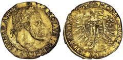 FRANCE. BESANÇON. City Coinage. 4 Pistolets, 1579. Craggy-featured laureate head of Emperor Charles V r., CAROLVS : QVINTVS : IMPERATOR. Rv. Nimbate imperial eagle bears city Arms, legend MONT. AVREA.